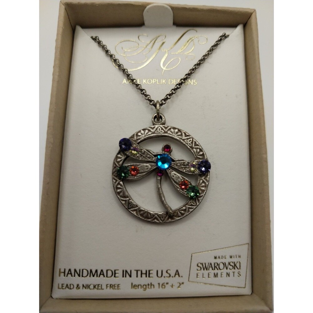 Anne Koplik Designs Dragonfly Pendant Necklace Swarovski Crystals Boxed USA NEW